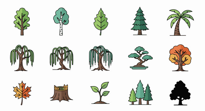 Collection of tree icons with different shapes and styles, suitable for nature-themed projects, garden designs, and environmental illustrations. Scalable vector graphic.