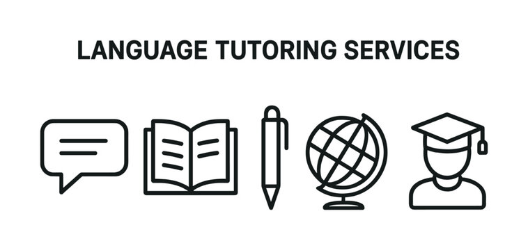 Language tutoring services - speech bubble, book, pen, globe, graduate icon illustration