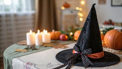 Halloween Witch Hat with Candles and Pumpkins