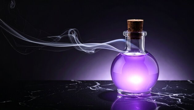 Glass bottle with glowing purple potion, a cinematic and mysterious shot of a magical fantasy liquid on a dark background.
- Powered by Adobe