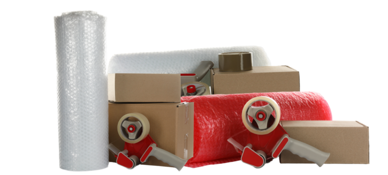 moving supplies with boxes, tape, and bubble wrap, a stock-up