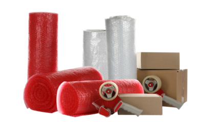 red bubble wrap and boxes ready for secure packaging and shipping