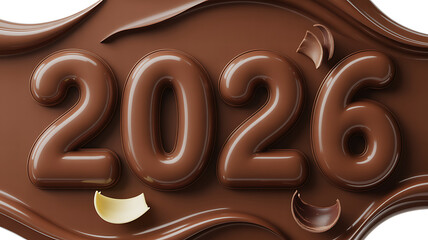 Chocolate 2026 new year design with glossy brown numbers and decorative swirls perfect for holiday greetings and sweet themed celebrations ideal for banners and festive promotions