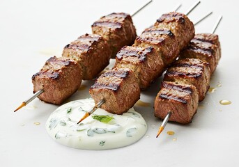 Grilled Lamb Skewers with Mint Yogurt on White Background 