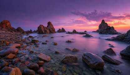 Coastal rocks at sunrise, vibrant colors