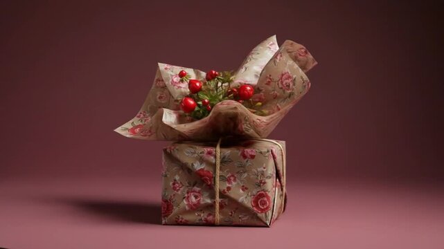 Floralwrapped box with red berries bouquet