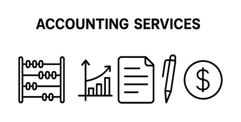 Accounting services icons with abacus, graph, document, pen, and dollar symbol