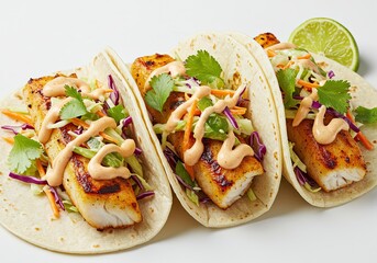 Grilled Fish Tacos with Slaw on White Background 