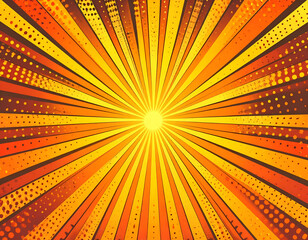 Yellow and orange comic background. Art pop cartoon backdrop. Halftone effect pattern. Fun anime texture. Starburst manga style bg. Mark popart radial gradient. Spiral, comic rays