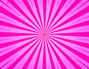 Obraz premium Purple and magenta comic background. Art pop cartoon backdrop. Halftone effect pattern. Fun anime texture. Starburst manga style bg. Mark popart radial gradient. Spiral, comic rays