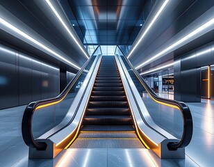 Illuminated Escalator in Modern Architectural Interior with Metallic Finish and Warm Lighting Accents