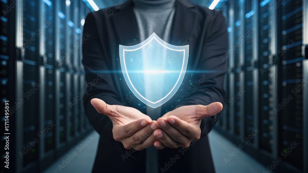 Poster a person in a suit holds a glowing shield symbol in front of server racks, representing cybersecurit