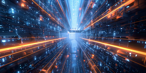 Naklejka premium Futuristic Digital Tunnel with Glowing Blue and Orange Lights