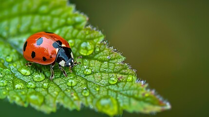 Obraz premium Colorful ladybug perched gracefully on a lush green leaf in a vibrant natural environment