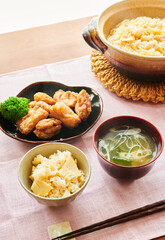 Japanese Set Meal with Bamboo Shoot Rice, Fried Chicken and Miso Soup