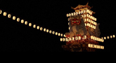 Karatsu Kunchi Nightscape, Festival float shaped like lion illuminated by dozens of lanterns