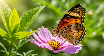 Obraz premium Vibrant butterfly perched on pink flower collecting nectar in a sunny summer garden