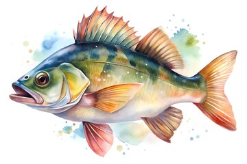 Fototapeta premium Watercolor Illustration of a Perch Fish with Detailed Fins and Scales