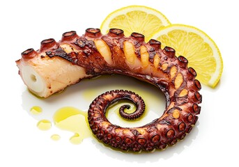 Grilled Octopus with Lemon and Olive Oil on White Background 