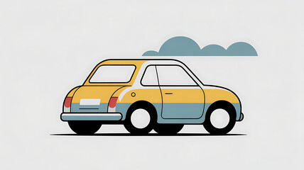 Fototapeta premium A flat cartoon illustration of a two-tone yellow and blue car with a whimsical cloud above it. 