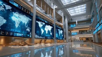 Global Data Center: A sprawling, ultra-modern data center pulses with the energy of a connected world, its expansive screens displaying the globe's intricate digital tapestry. - Powered by Adobe