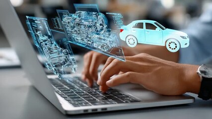 Automotive Design with innovation: A person engaged in designing automotive engineering using advanced technology with holographic and digital interface, creating a dynamic and modern visualization. - Powered by Adobe