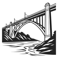 A dramatic black and white illustration of a large arched bridge spanning over a winding river with rocky banks and distant trees