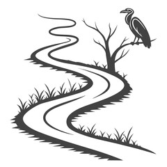 Obraz premium A solitary vulture perches on a barren tree branch overlooking a winding path through a grassy savanna landscape symbolizing journey and observation