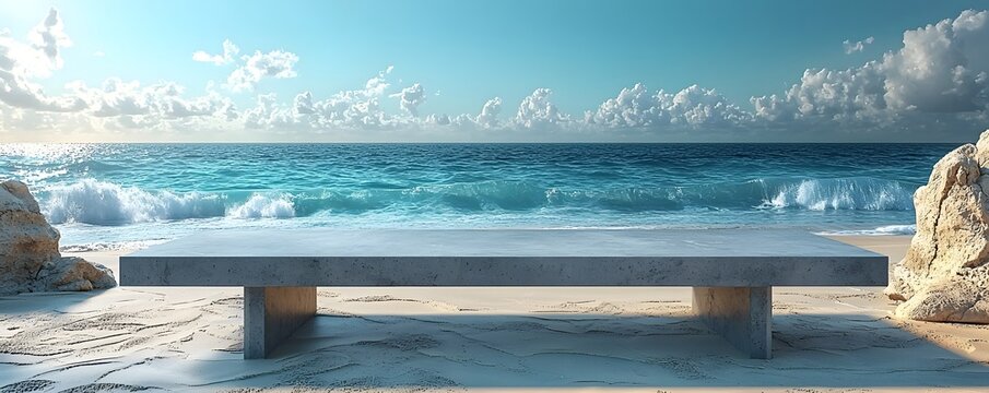 A modern concrete bench sits on a sandy beach overlooking the ocean and waves under a clear blue sky