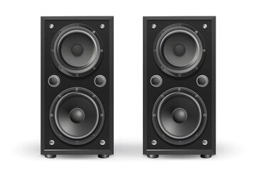 Fototapeta premium Two black speaker towers designed for audio output and music enjoyment.
