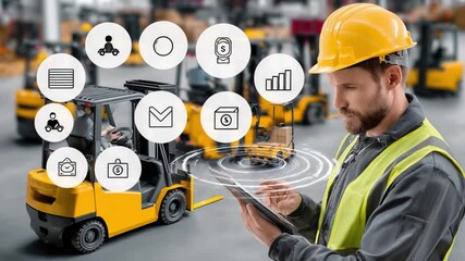 Forklift Operator with Digital Interface: A skilled forklift operator in a high-tech warehouse environment. - Powered by Adobe