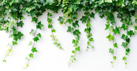Obraz premium Lush green ivy vines cascading against a white wall, enhancing natural decor.
