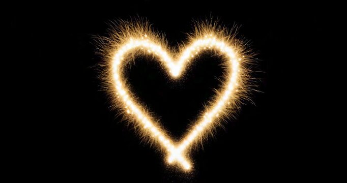 Sparkler heart shape glowing brightly against a dark night sky with falling embers