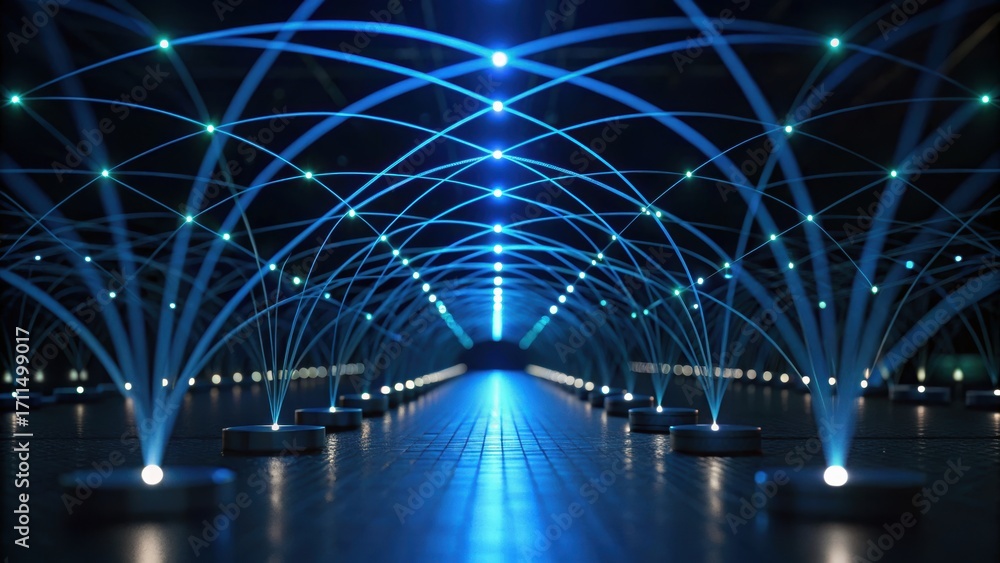 Poster futuristic tunnel illuminated by blue lights, featuring abstract patterns and a glowing pathway.
