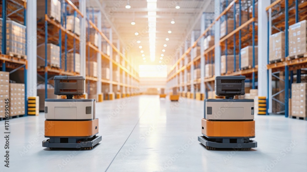 Poster automated robots navigate a spacious warehouse filled with storage shelves, showcasing modern logist