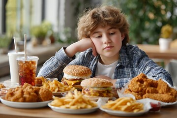 Young caucasian boy contemplating fast food meal with burgers and fries at a restaurant