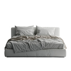 Contemporary white platform bed with comfortable bedding on transparent background