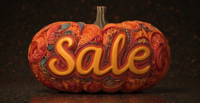 Ornate pumpkin, "Sale" in orange, autumnal colors