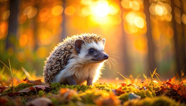 European Hedgehog in Sunlight Illuminated Autumn Forest Landscape with Bokeh Background
