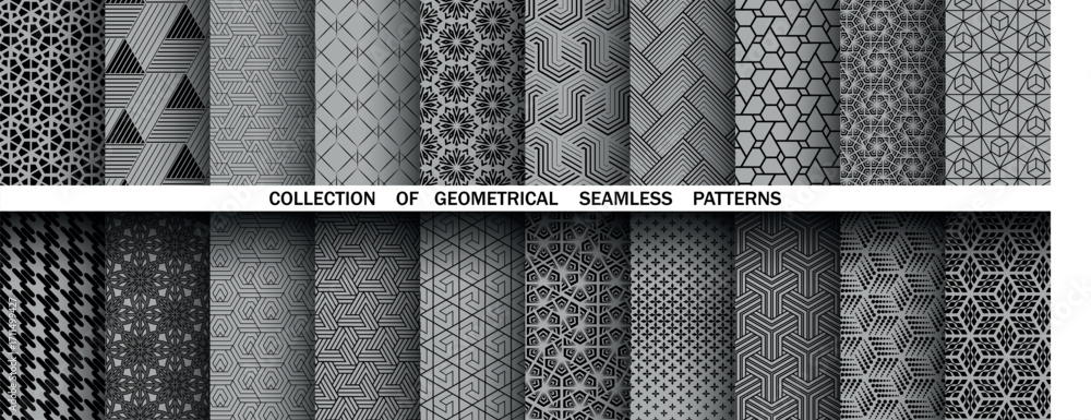 Poster geometric set of seamless black and gray patterns. simple vector graphics