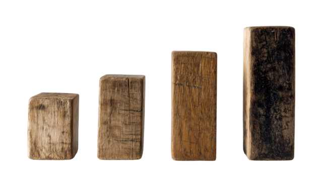 Four wooden blocks, progressively larger, showing natural wood grain