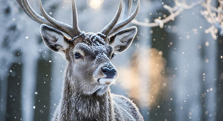 Majestic deer in winter wonderland with frosted antlers, peaceful serene nature scene