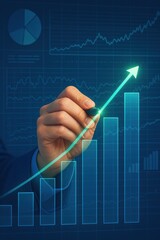 Hand Drawing Growth Chart with Green Arrow on Digital Financial Background in Business Setting