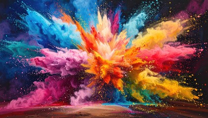 Fototapeta premium Explosive Colorful Powder Cloud on Dark Backdrop with Vivid Blue Yellow Red Pink and Orange Pigments Bursting in a Chaotic Arrangement