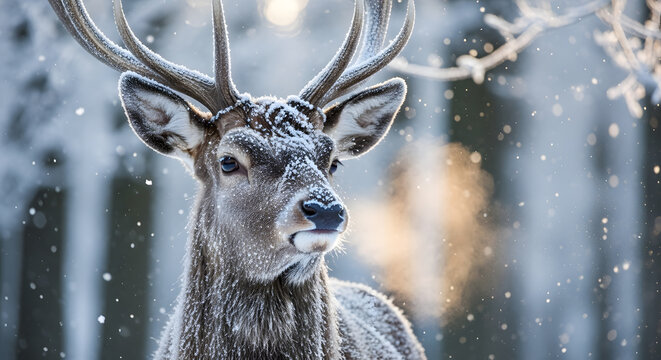 Majestic deer in winter wonderland with frosted antlers, peaceful serene nature scene