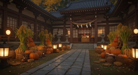 Labor Thanksgiving Harvest, Temple courtyard decorated with rice stalk bundles, pumpkins, and woven baskets of grains