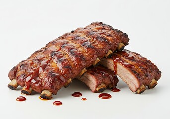 Grilled Pork Ribs with BBQ Sauce on White Background 