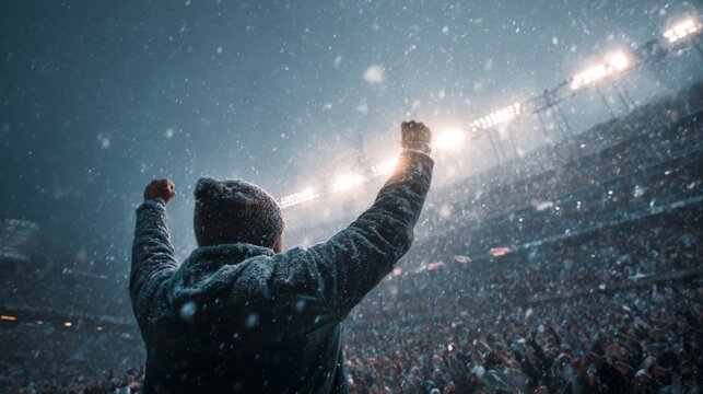 Person celebrating with hands raised in snow at a sports stadium  