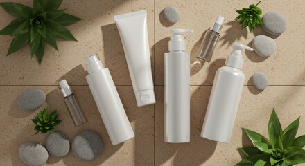 Spa-themed skincare products with plants and stones on tile.