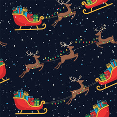 Naklejka premium Seamless pattern with santas reindeer and sleigh on a dark blue background